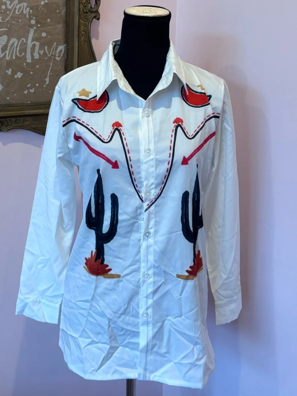 Vintage Western Embroidered Button Down Shirt with Cactus - Picture 2 of 6